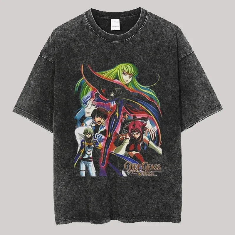 Vintage Washed Men's T Shirts Code Geass Anime Printed Clothes Casual Men's Clothing Women's 2026 Summer New T Shirt