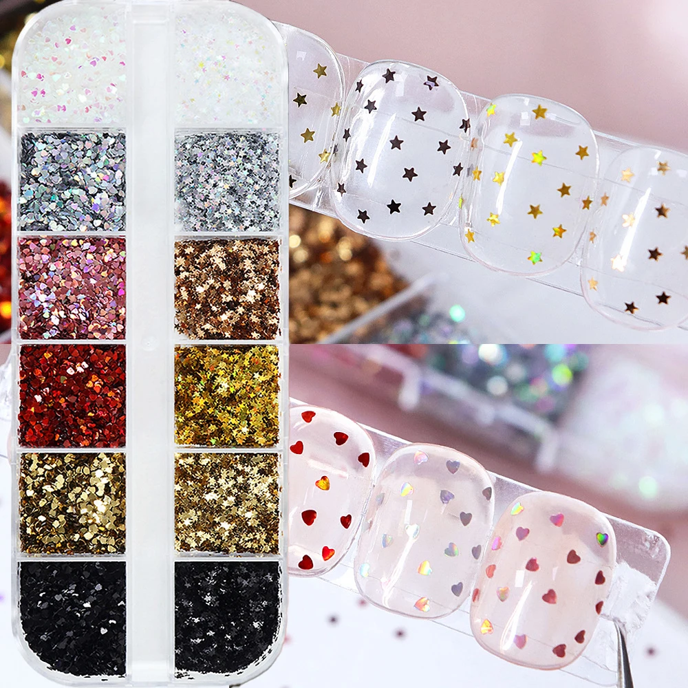 

12Grids 1mm Mini Sparkling Star Heart Nail Sequins 3D Holographic Laser Love Pentagram Epoxy Resin Nails Glitter Flakes DIY Deco