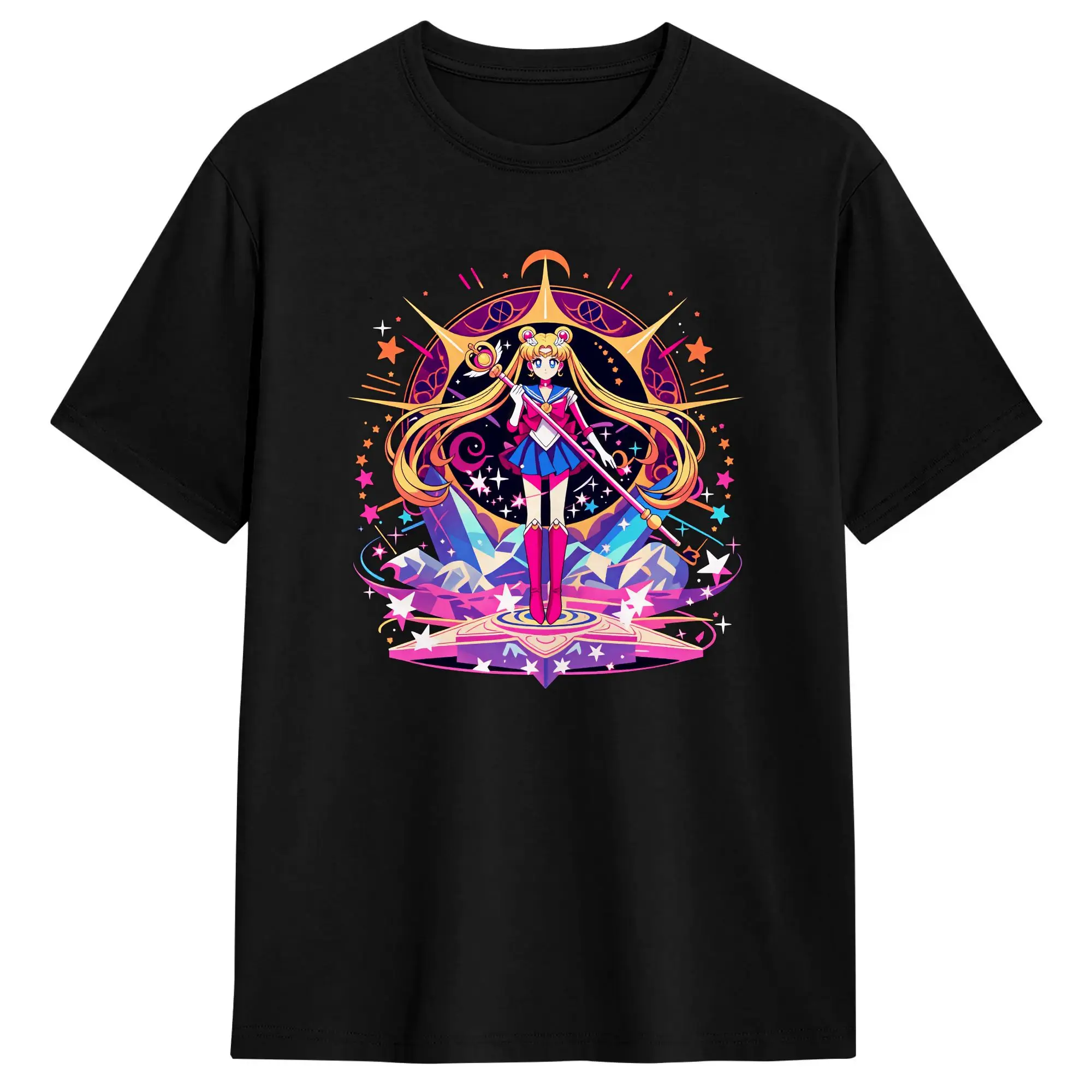 Men's Moon Girl Magic Wand Circle Art T Shirts  100% Cotton Clothes Cool Short Sleeve Round Neck Tees Printed T-Shirt