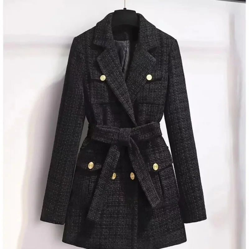 Winter Warm Padded Blazer Women's Red Wool Blend Coat 2025 Large Size Outerwear with Belt Casual Long Jacket W1387