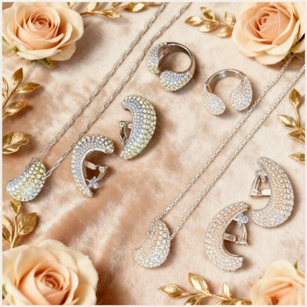 

2025 Trendy Jewelry Moon necklace for women's light luxury versatile high-end ear clip niche design ring jewelry set earrings