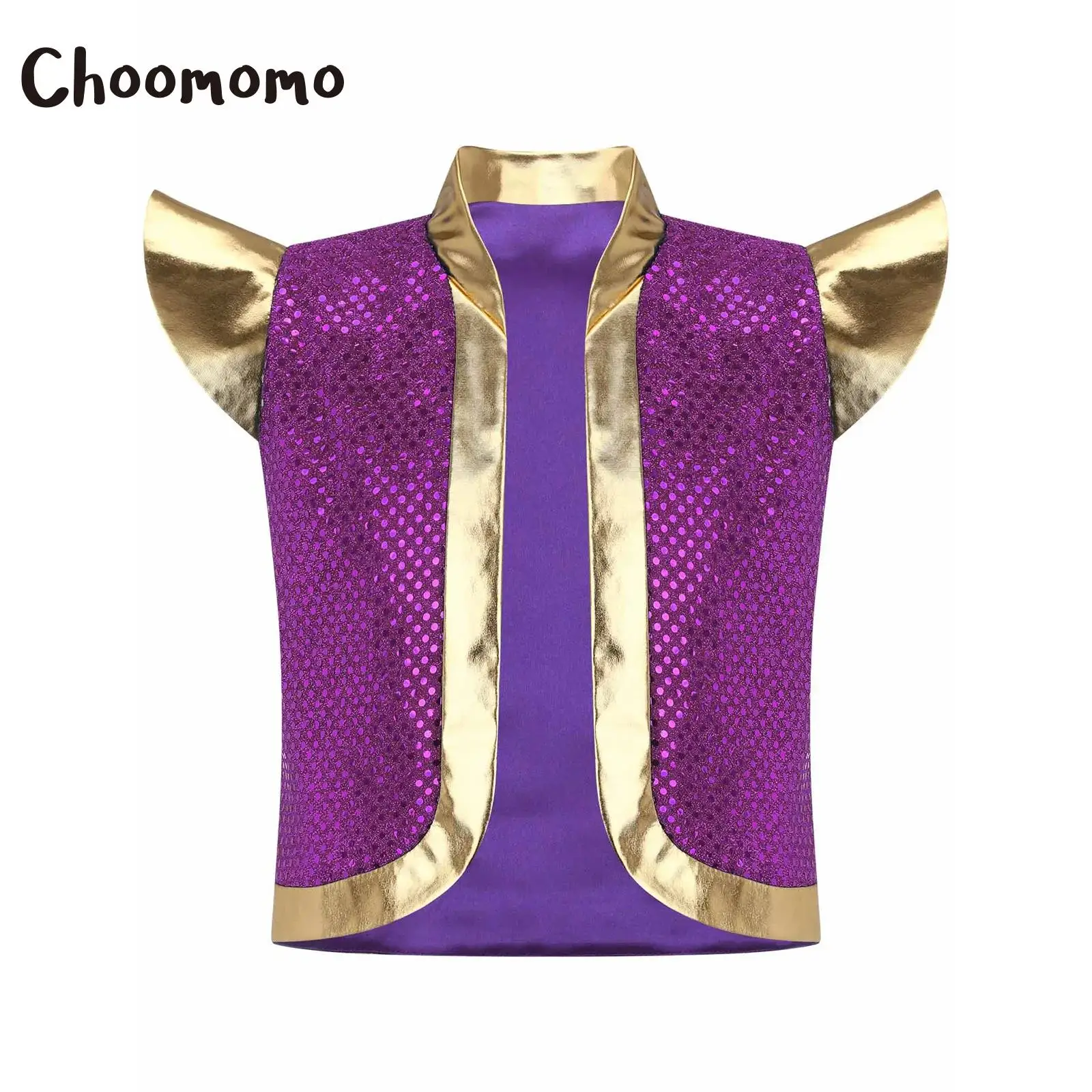

Boys Prince Costume Fairy Tale Cosplay Party Vest Waistcoat Arabian Style With Sequins Metallic Stand Collar Open Front Design