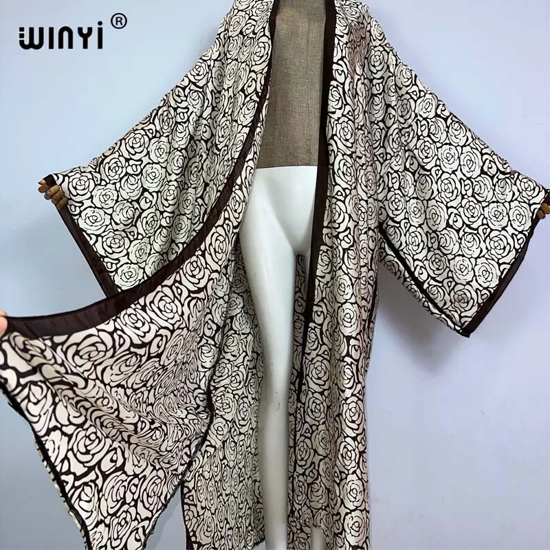 WINYI 2023 new summer beach cover up Retro printing boho Cardigan sexy Maxi Holiday long Sleeve KIMONO Africa silk feeling dress