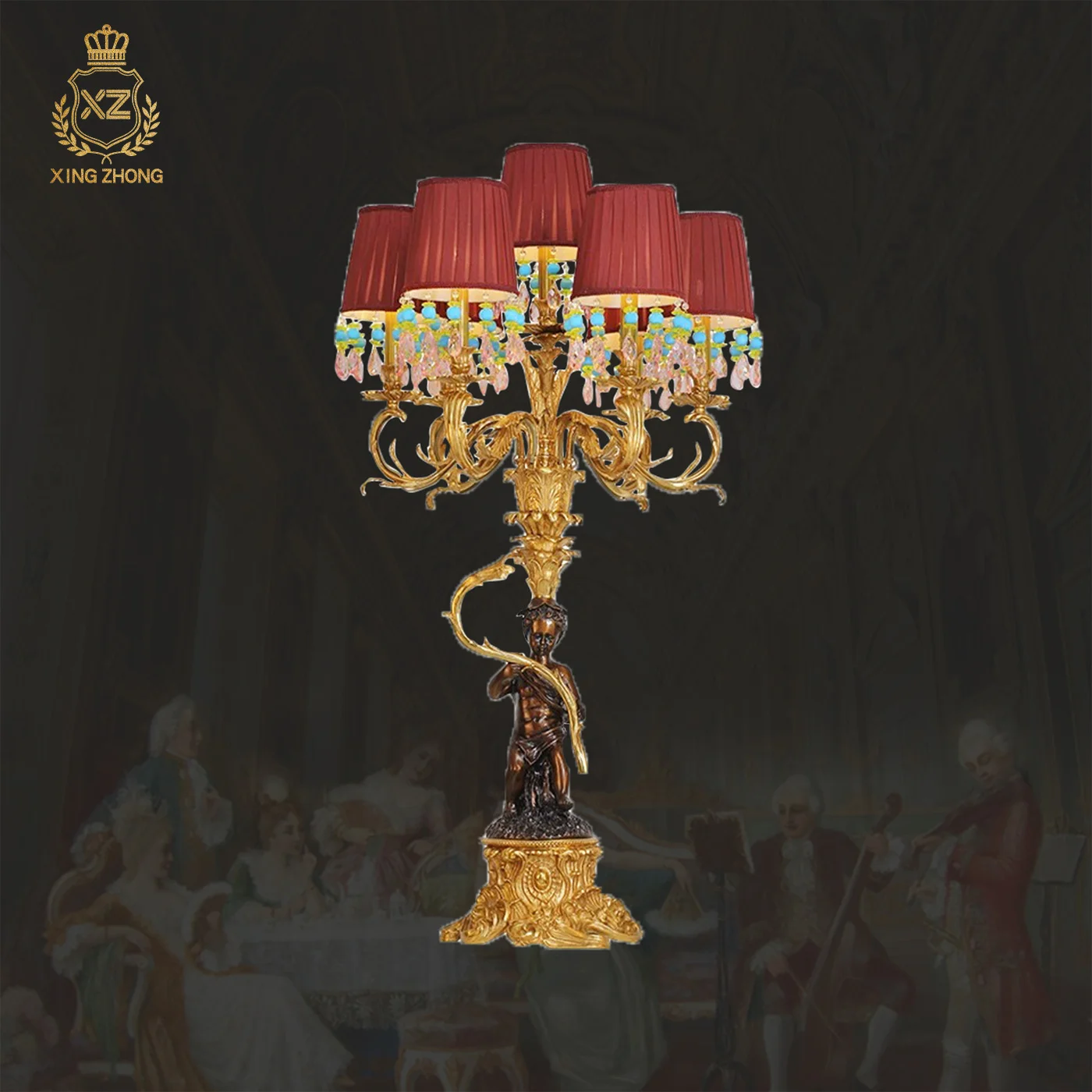 French Neo Classic Elegant Red Fabric Decorative Villa Living Room Luxury Crystal Copper Table Lamp Bedroom Study Desk Light