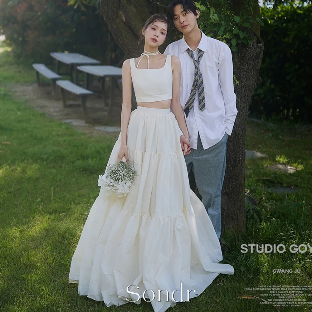 Sondr Customized 2 Pieces Square Neck Korean Wedding Snap Dresses Sleeveless A Line Bridal Gown Simple Korea Photo Shoot Gown ﻿