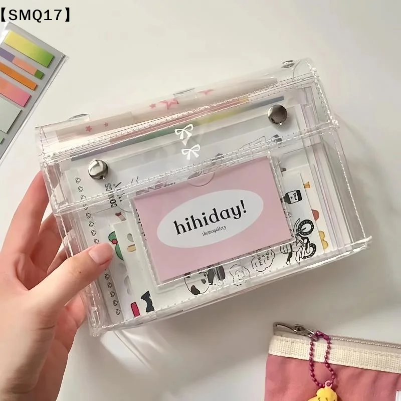 1Pcs PVC Transparent Button Pencil Case Large Capacity Vertical Simple Ins Style Student Desktop Finishing Niche Stationery【SMQ】