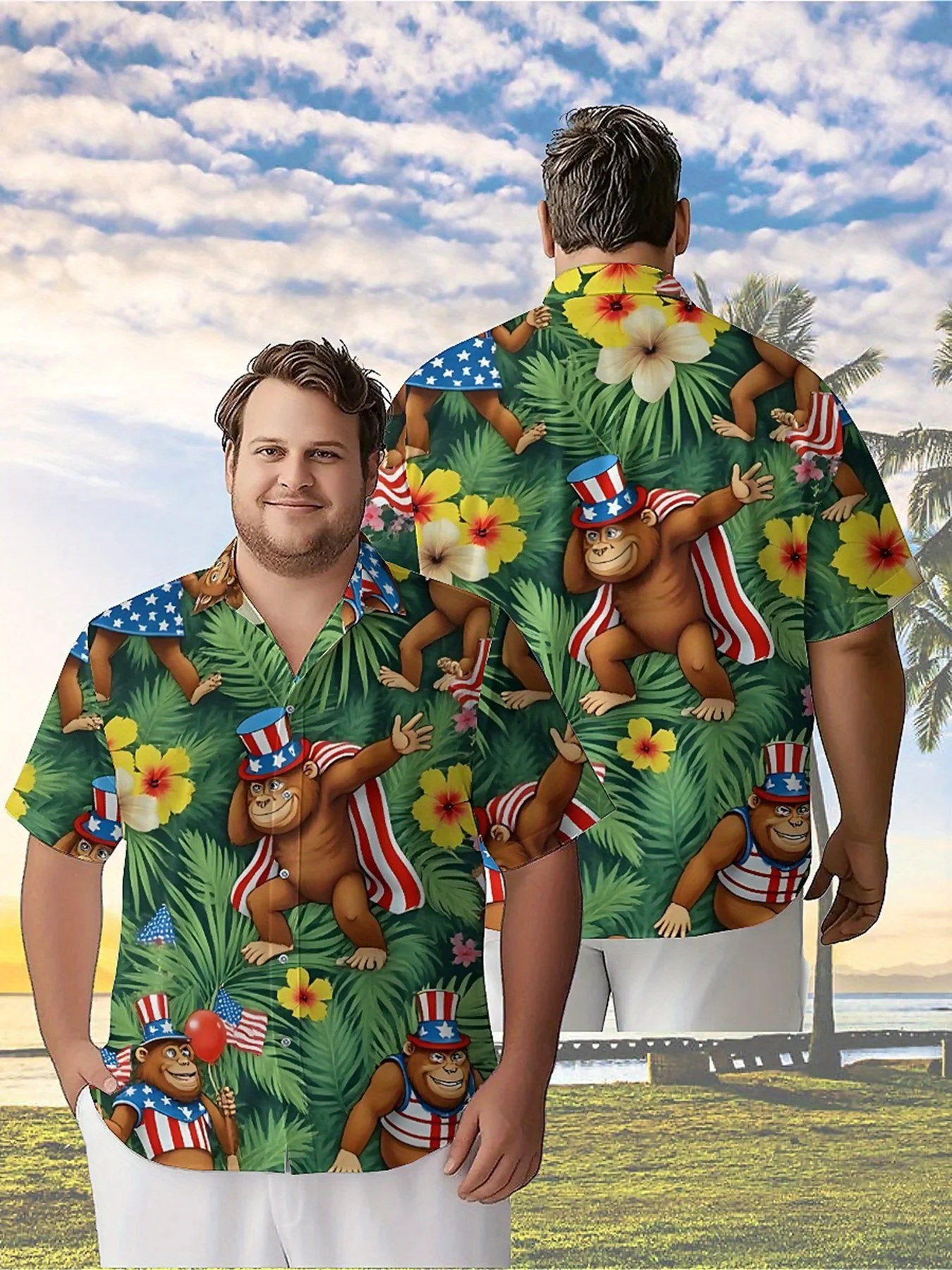 

Men's Plus Size Hawaiian Shirts Monkey and American Flag Pattern, Summer Casual Tops, Suitable for Outdoor and Party, Streetwear