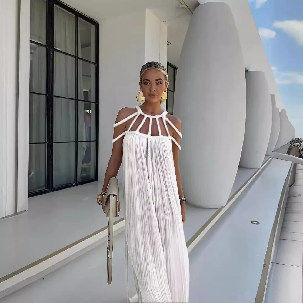 Vacaciones de verano mujeres Sexy Crochet corte fuera del hombro espalda descubierta Halter Vestido de playa suelto sin mangas espalda descubierta fiesta