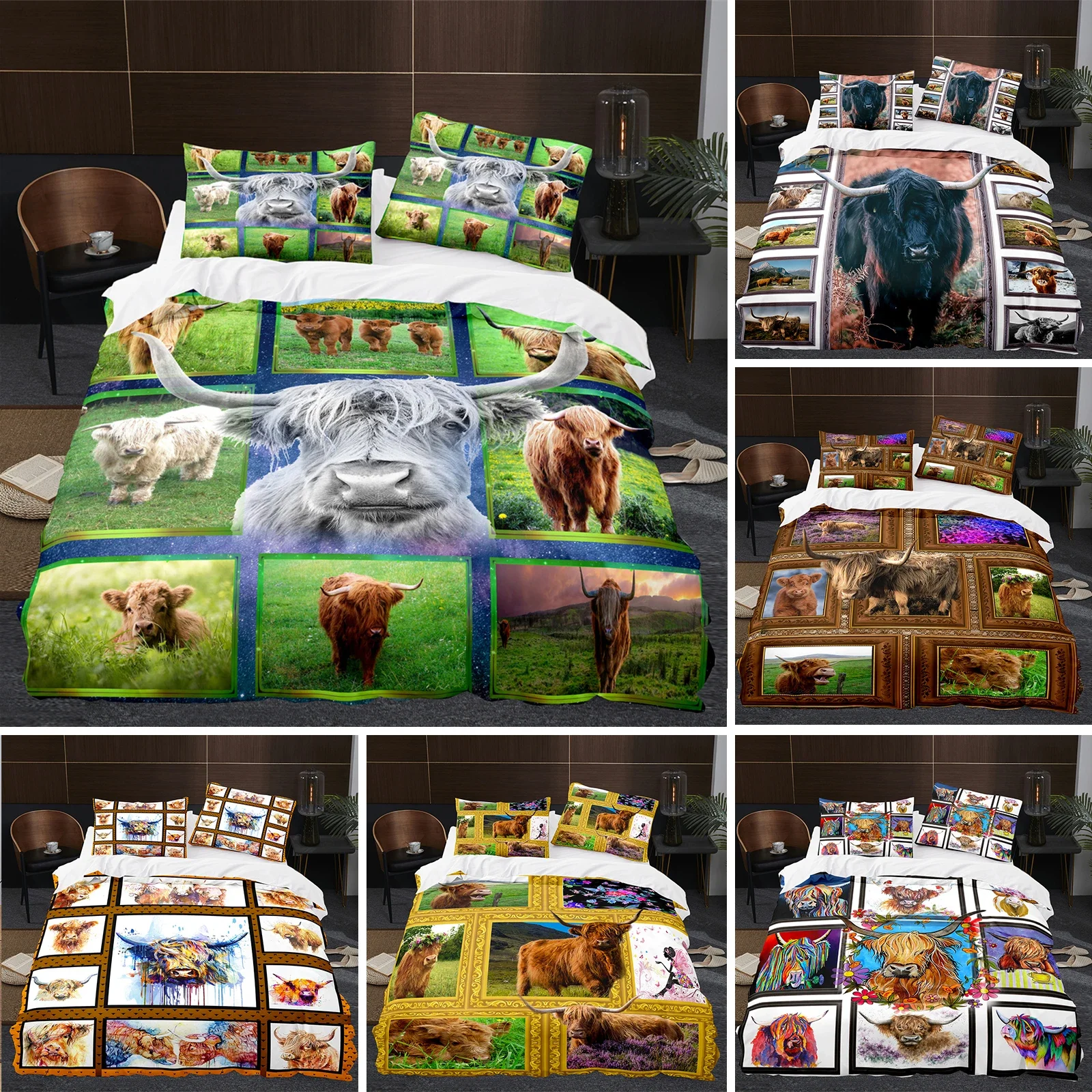 

Highland Cow Duvet Cover King Queen Cattle Bedding Set Farmhouse Animal Quilt Cover Western Funny Bull Polyester Comforter Cover