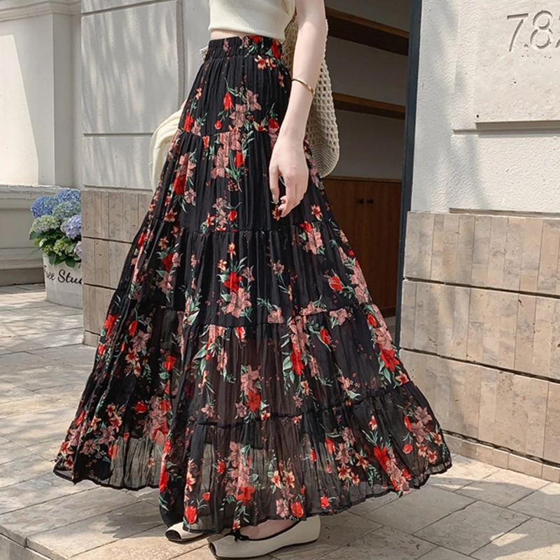 

Bohemian Flower Printed Chiffon Beach Skirt Women Summer Fashion Elastic High Waist A-line Party Long Skirt Spring Autumn