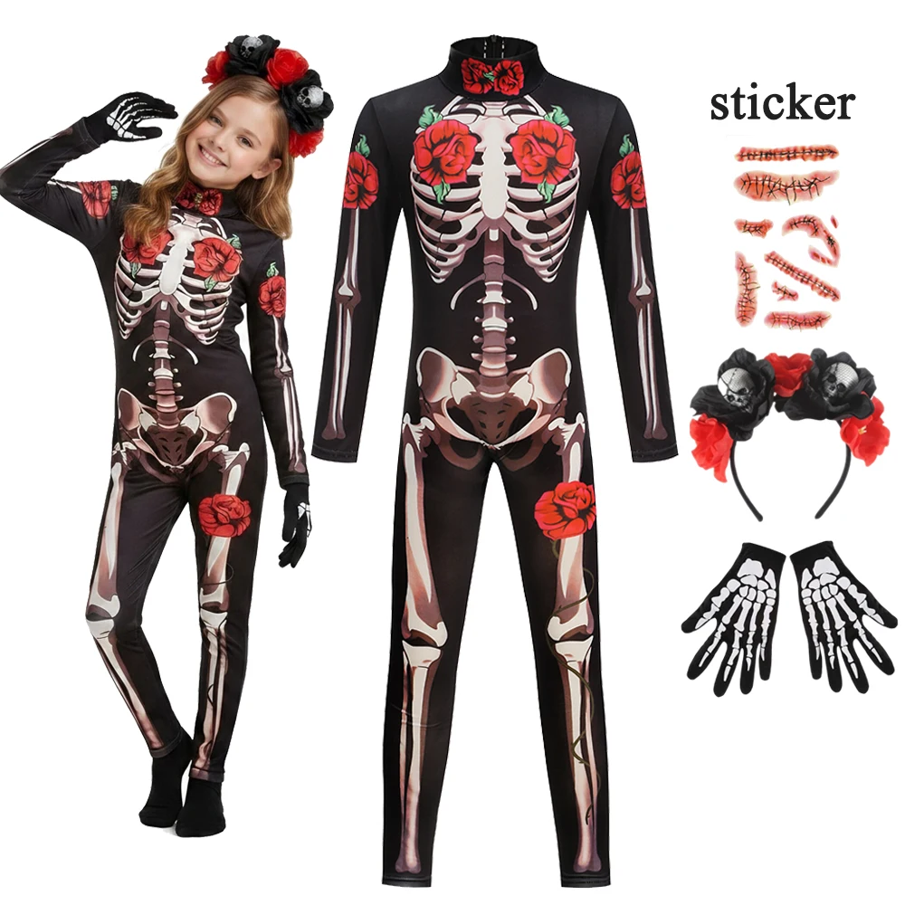 Girls Halloween Cosplay Ghost Bride Gothic Jumpsuit Rose Skeleton Scary Costume Dress Role Play Carnival Children Party Outfit