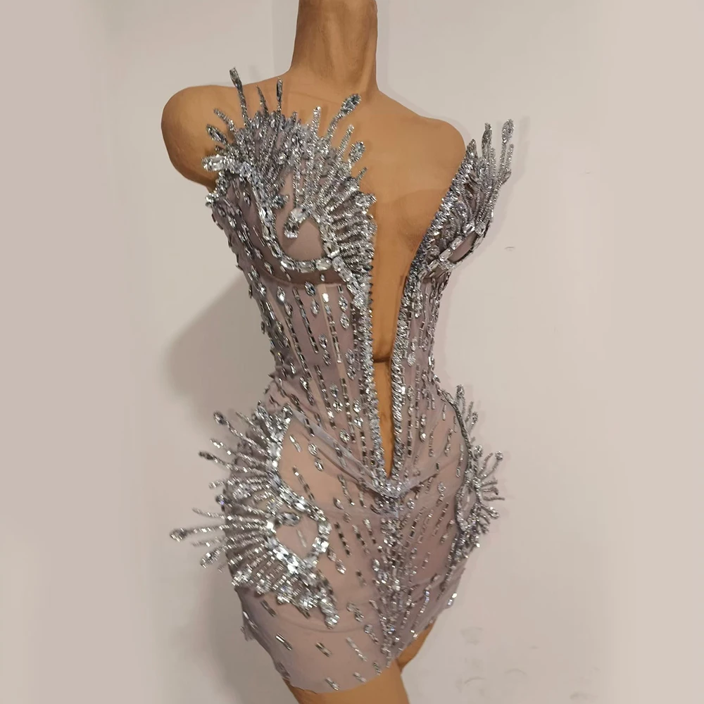 Strapless Deep V Sheer Mesh Bodycon Silver Rhinestone Peacock Feather Decor Mini Dress Headpiece Nightclub Dancer Stage Outfit