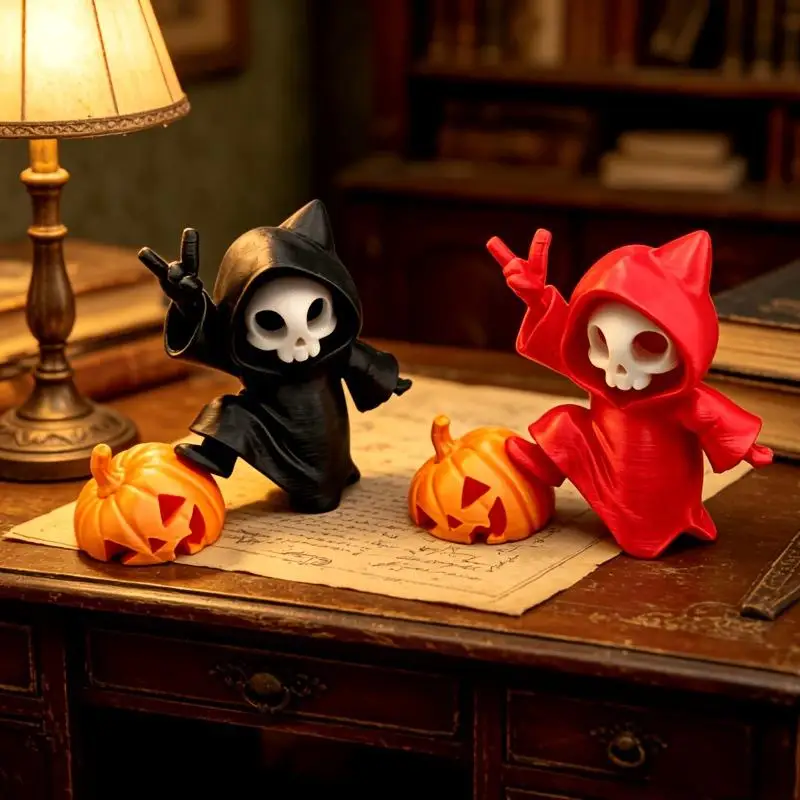 Halloween Pumpkin Decor Skeleton Figurine 1Pcs Resin Hooded Skull Ghost Statue for Desk Mantel Holiday Party Decoration Gift