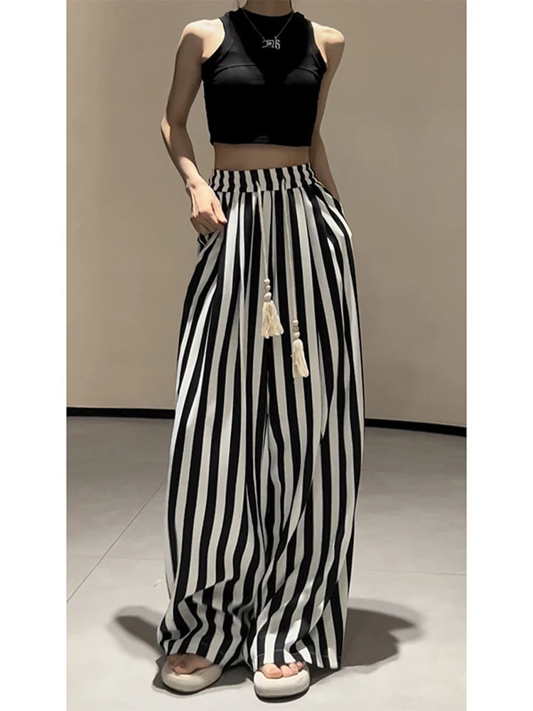 Casual Retro Striped Print High Waist Wide Leg Pants Women's Fashion Loose Vintage Soft Full Length Trousers 2024 Summer