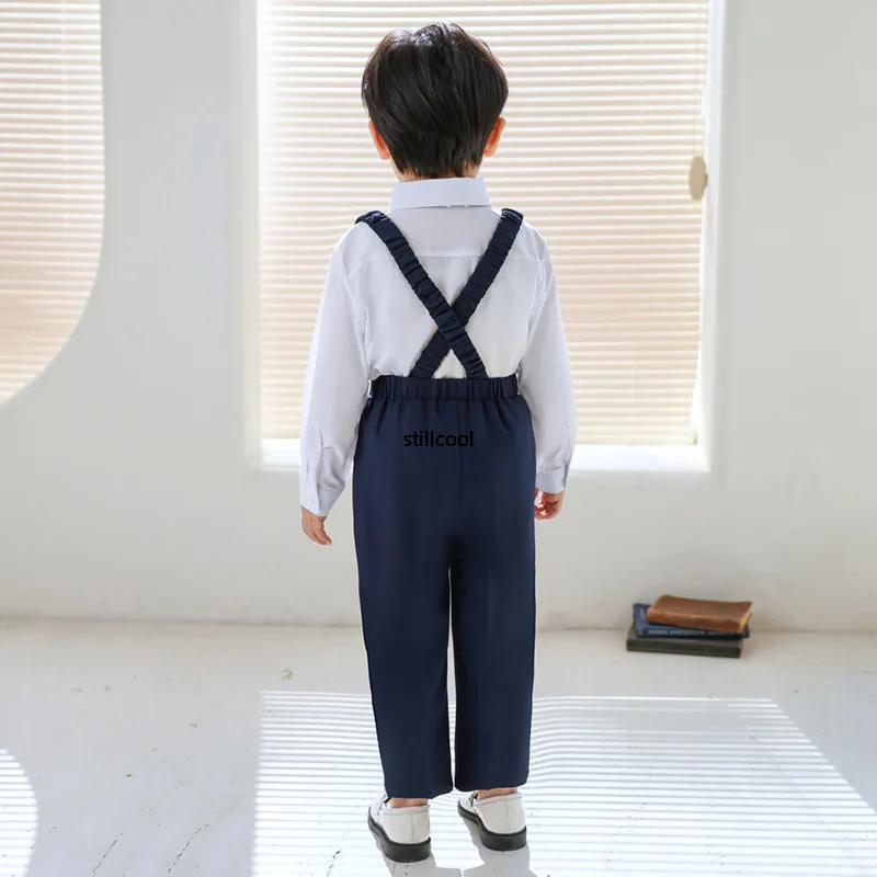 Setelan baju lengan panjang untuk anak laki-laki, seragam sekolah musim panas, baju lengan panjang, celana tali belakang, pakaian Formal, Blazer penampilan ulang tahun, pernikahan, anak laki-laki