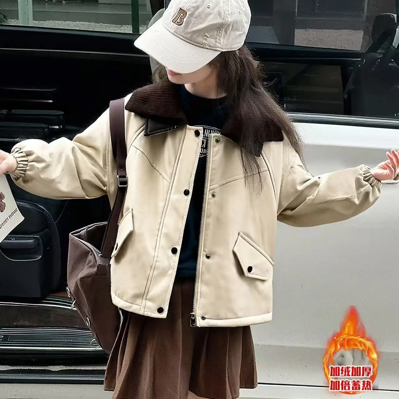 5–15 Jahre Mädchen-Winterjacke aus Fleece-gefüttertem Kunstleder mit Pelzkragen und großen Taschen, 120–170 cm