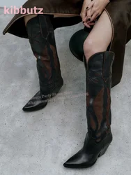 Velvet Genuine Leather Knee High Boots Patchwork Cowboy Pointed Toe Chunky Heel Slip-On Mixed Color Fashion Sexy Elegant Shoes