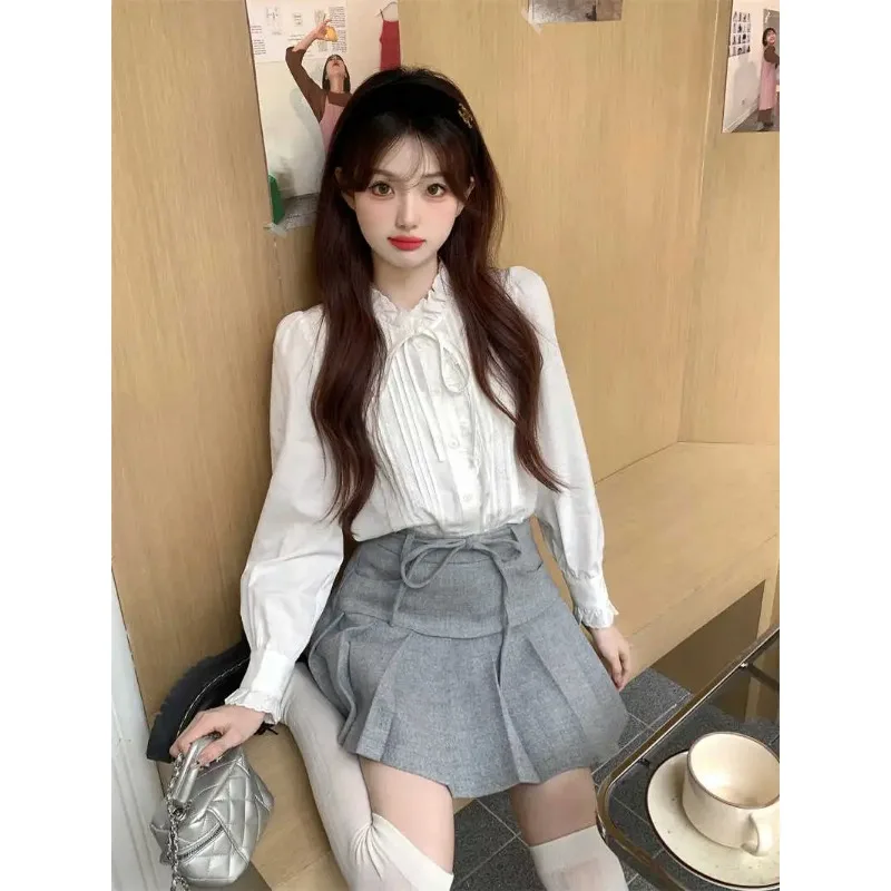 

Белая рубашка с вышитыми серьгами на шнуровке и воротником-стойкой для женщин, шикарный топ с длинными рукавами во французском стиле ретро на весну и осень