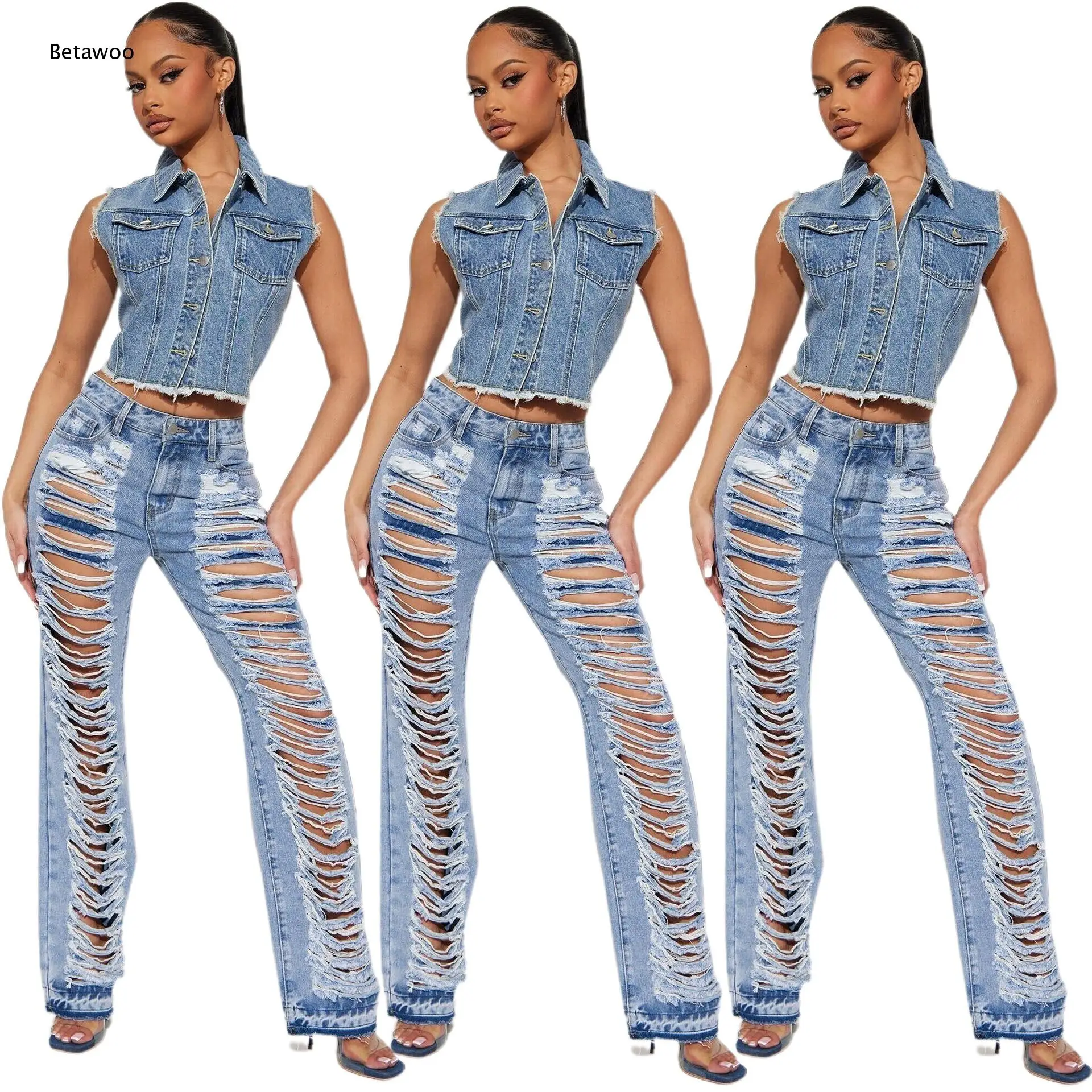 Women High Waist Super Ripped Wide Leg Jeans Frayed Edge Hollow Out Denim Long Pants for Party Street Trendy Outfit
