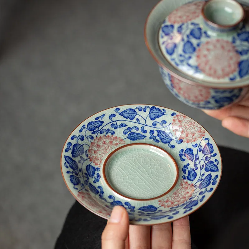 High-End Jingdezhen Old Clay Blue and White Interlock Branch Gaiwan Ceramic Household Vintage Tea Bowl Gracked Glaze Supportable