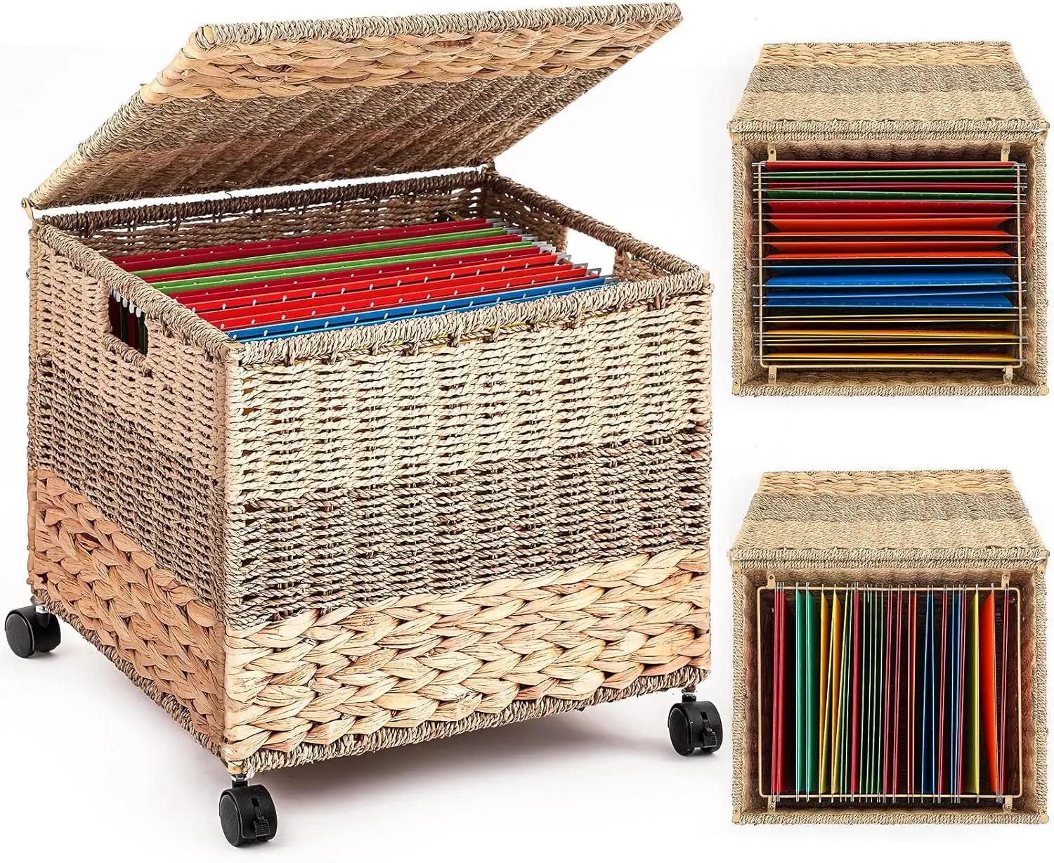 

Wicker Rolling File Cabinet 18x16x13in Seagrass Hanging File Box with Lid for Letter Legal Size, Handwoven Office Storage Organizer