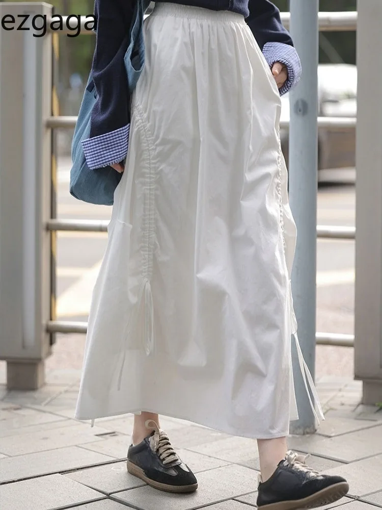 

Ezgaga Long Skirts Women Stretch High Waist Drawstring Bandage 2025 New Fashion Solid Loose Elegant Skirt Female Casual Chic