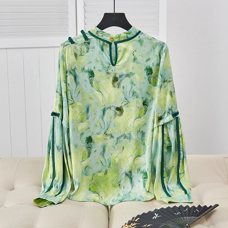 Vintage Chinese Style Print Artificial Silk Shirt Fashion Office Commuter Women Top Green Oil Painting Style Leisure Long Sleeve