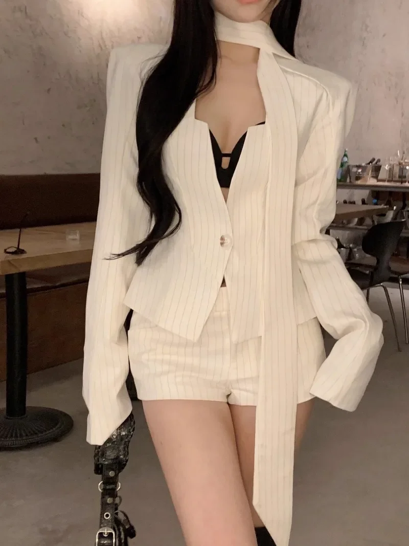 Korean Stripe Suit Coat Shorts Two-piece Set Women Ribbon Collarbone Single Button Slim Temperament Gentle Chic Fashion Wear New