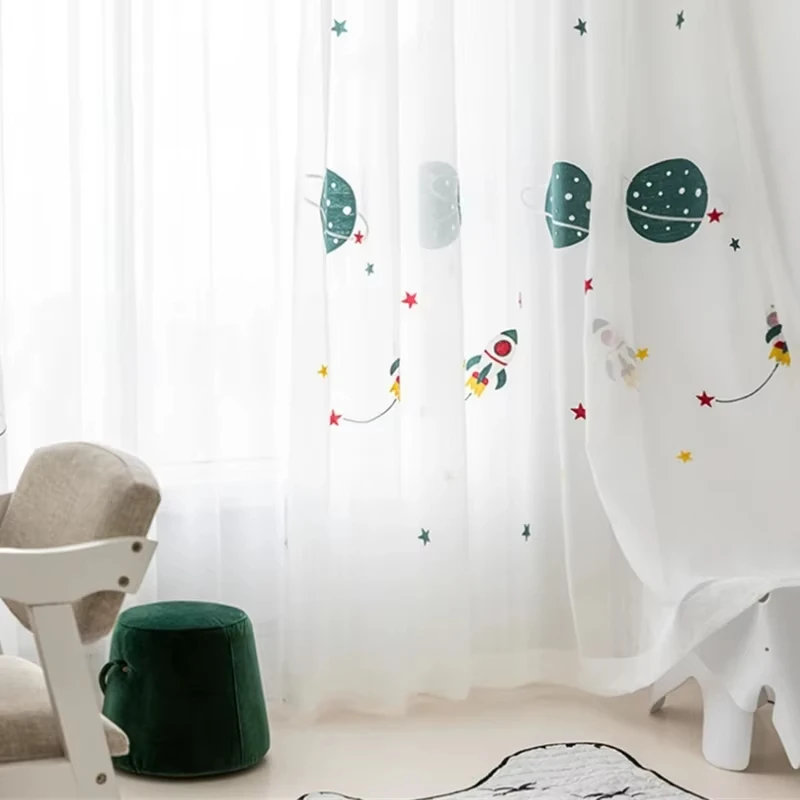 

Cartoon Outer Space Rocket Embroidered Voile Curtain For Kids Bedroom Living Room Sheer Window Drapes Luxury Children Tulle 20D3