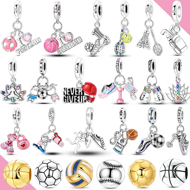 925 Sterling Silver Charms Beads Sports Series Basketball Football Badminton Yoga Boxing Pendant Fit Bracelet DIY Woman Jewelry