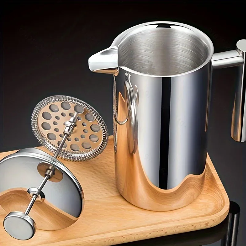 

Термоизолированная деревянная ручка и сервировочный носик, элегантная кофеварка френч-пресс из нержавеющей стали объемом 350 мл — с двойными стенками