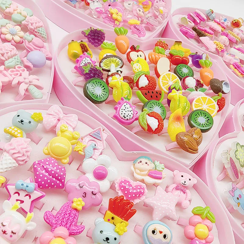 36pcs/Lot Wholesale Child Open Design Resin Candy Flower Finger Rings Plastic Pink Kid Ring Children Party Gifts Birthday Girls