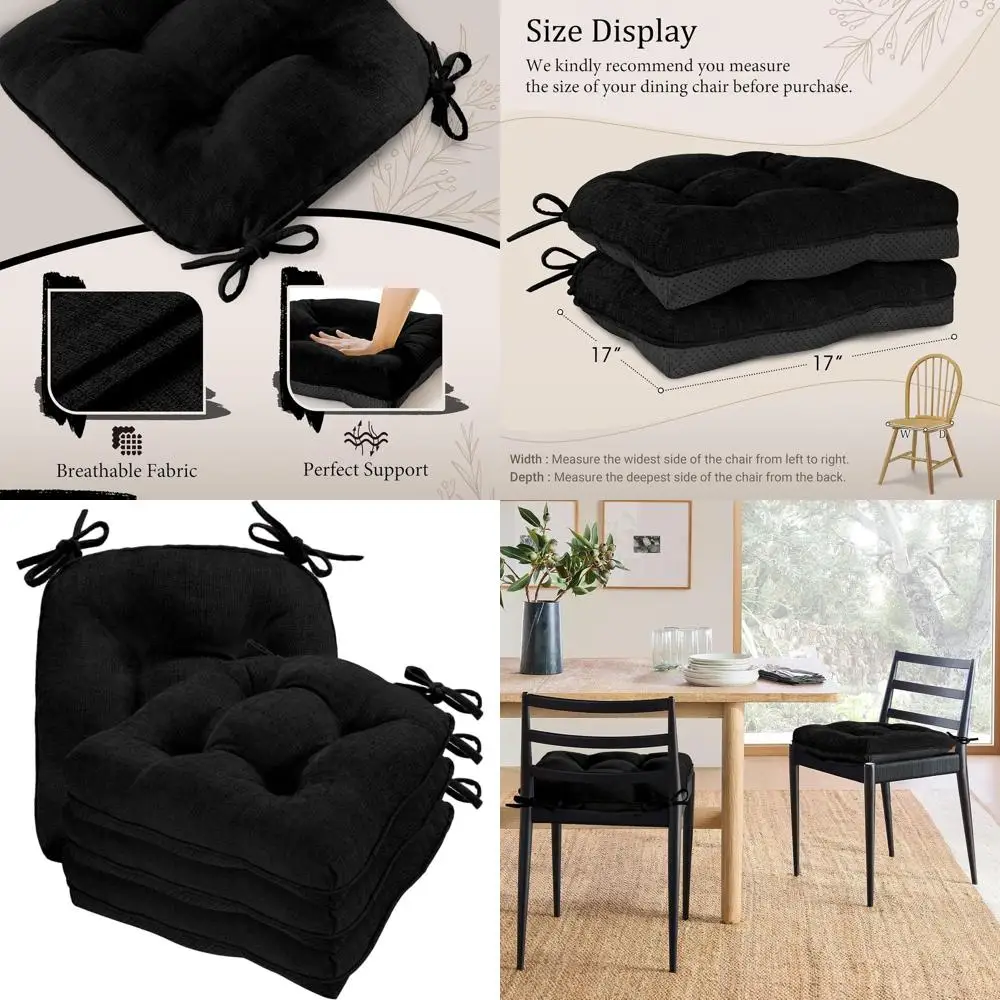 

Black Dining Chair Cushions, 17 x 17 Non-Slip Pads with Ties, Set of 4 for Kitchen Chairs