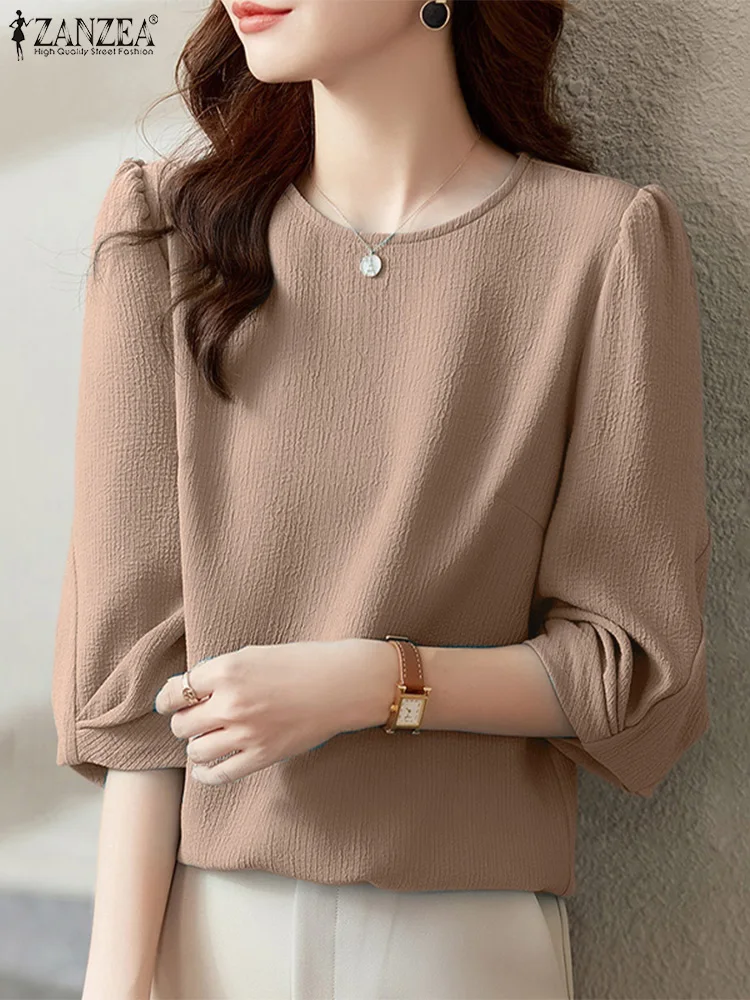 ZANZEA 2023 Autumn Spring Women Blouses Solid Tops 3/4 Sleeved Office O-Neck Shirts Blusas Casual Streetwear Female Tunic