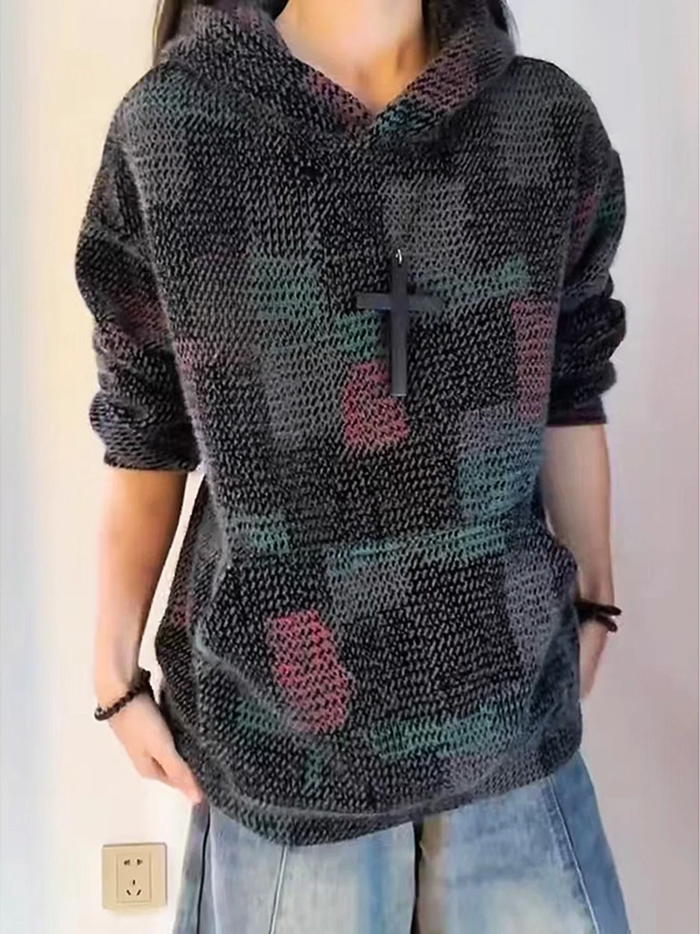 

Men's Knitted Plaid Hoodie Grid Lazy Couple Outerwear Winter American Retro Heavyweight Hooded Sweatshirt Loose Fit