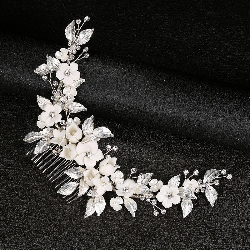 

Stuning Ceramic Flower Bridal big Comb Hair Crown Rhinestone Leaf Women Headpiece Handmade Wedding Accessories