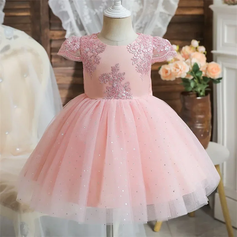Toddler Girls 1st Birthday Party Dresses Cute Bow Kids Princess Lace Tulle Short Dress Flower Girls Dress for Wedding 1-5 Year