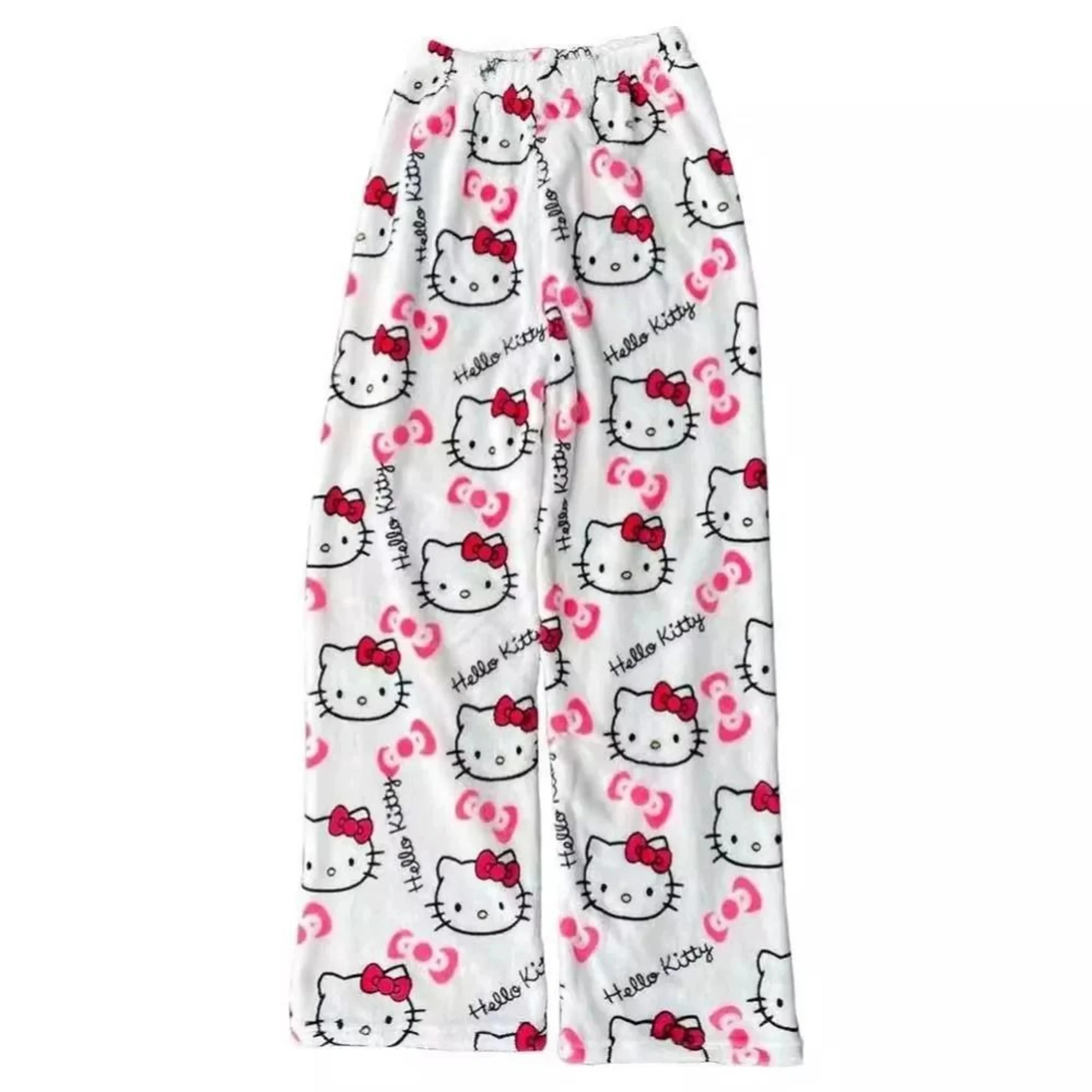 Cute Hello Kitty Gift Red Bow 4 Color Flannel Pants Women Y2K Oversized Soft Hello Kitty Elastic Waist Loose Sleep Home Trousers
