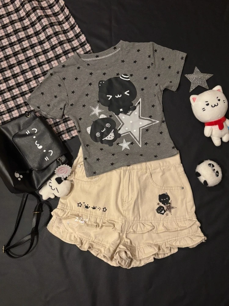 

Sweet Star Print O-neck Slim Fit Short Sleeve T-shirts+ Summer High Waist Fungus Denim Shorts 2025 New Two Piece Sets