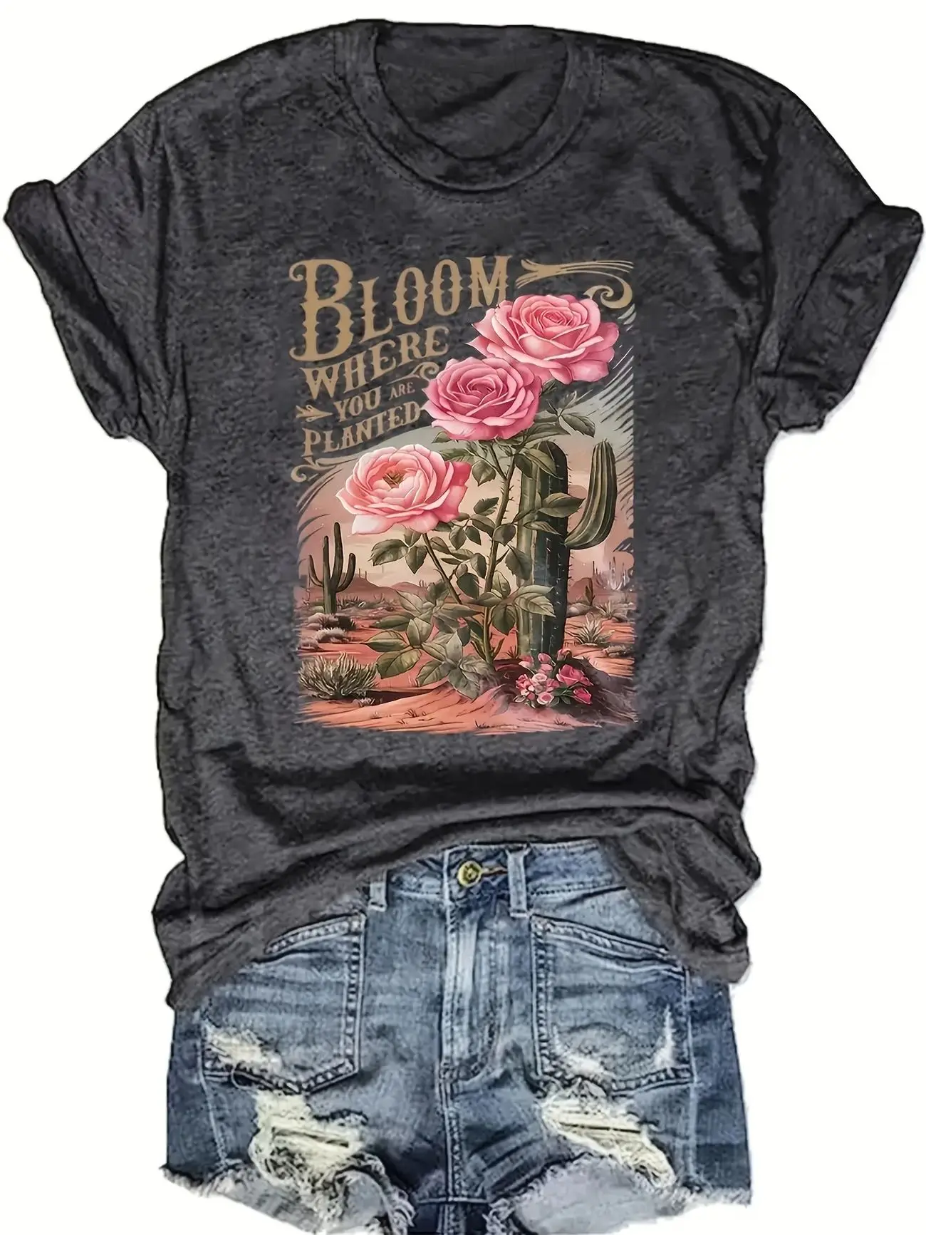 

Plus - Size Women's Trendy T - shirt, Dark Gray, Floral & Cactus Print, Uplifting Message