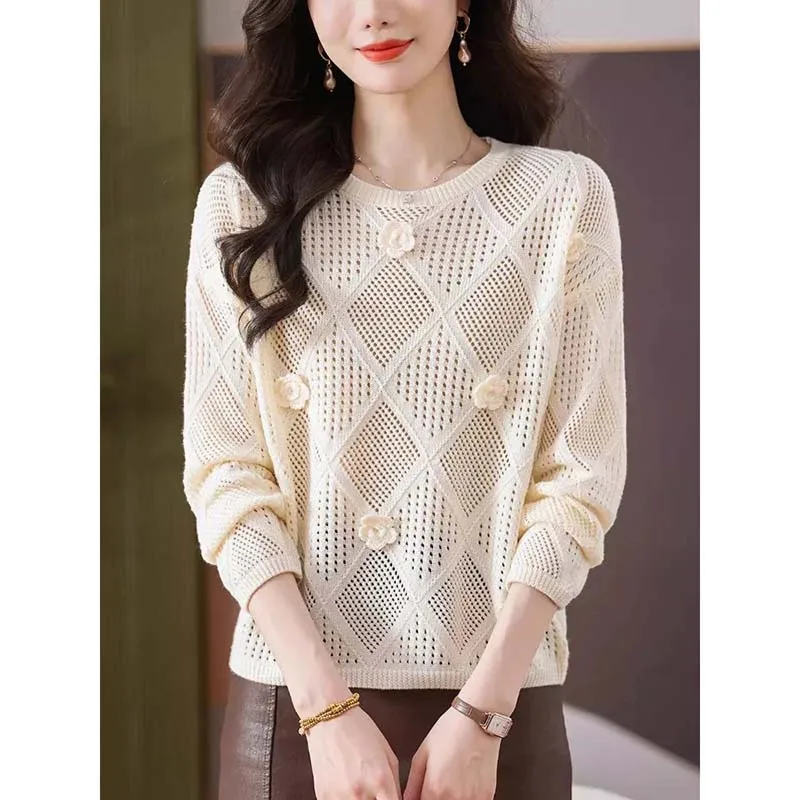 2026 Women Autumn Hollow Thin Sweater Pullover New Solid Long-sleeved Casual Knitted Sweater Jumper Female Bottoming Shirt Tops