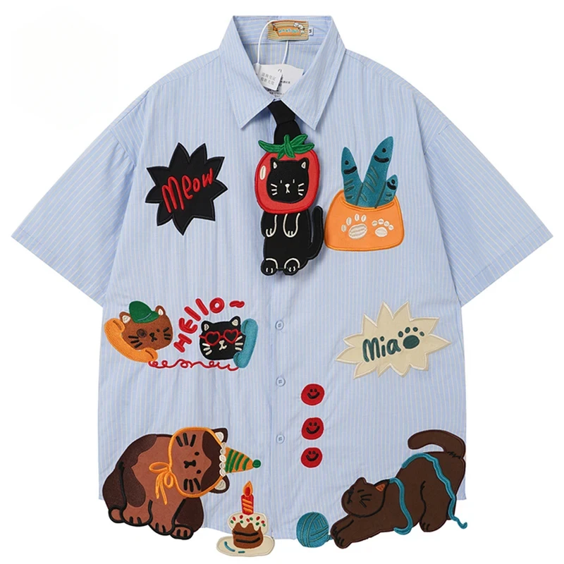 Cartoon Cat Graphic shirts Men Japanese Harajuku Y2K Summer Casual Loose Short Sleeve Button Up Blouse