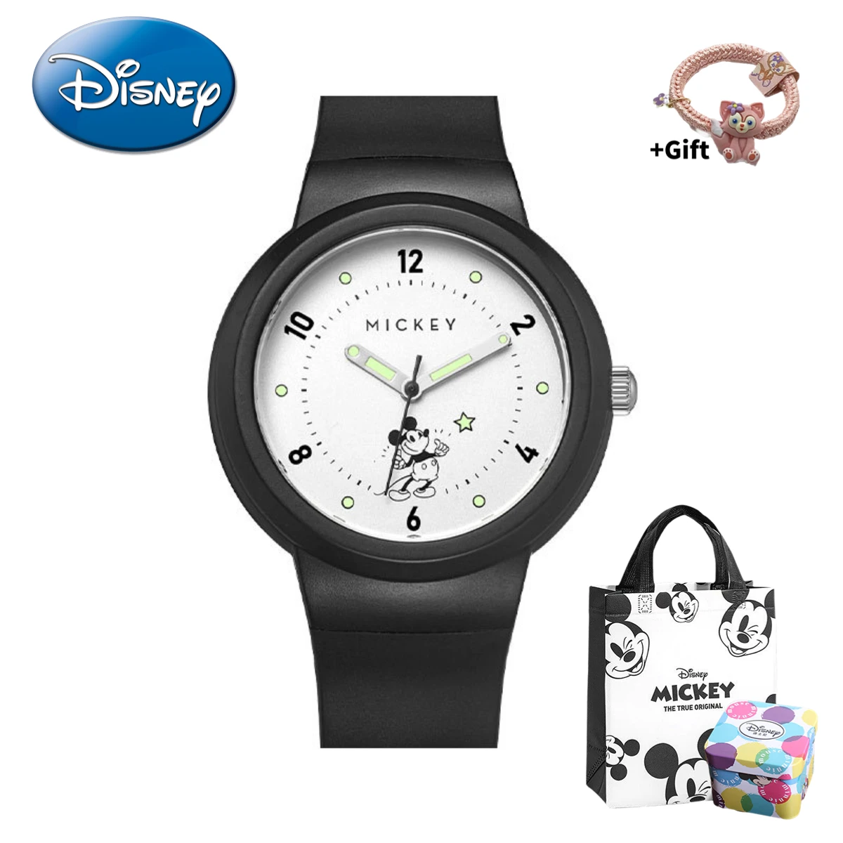 Disney-reloj de cuarzo con estampado de Mickey para niños, cronógrafo luminoso, resistente al agua, con caja