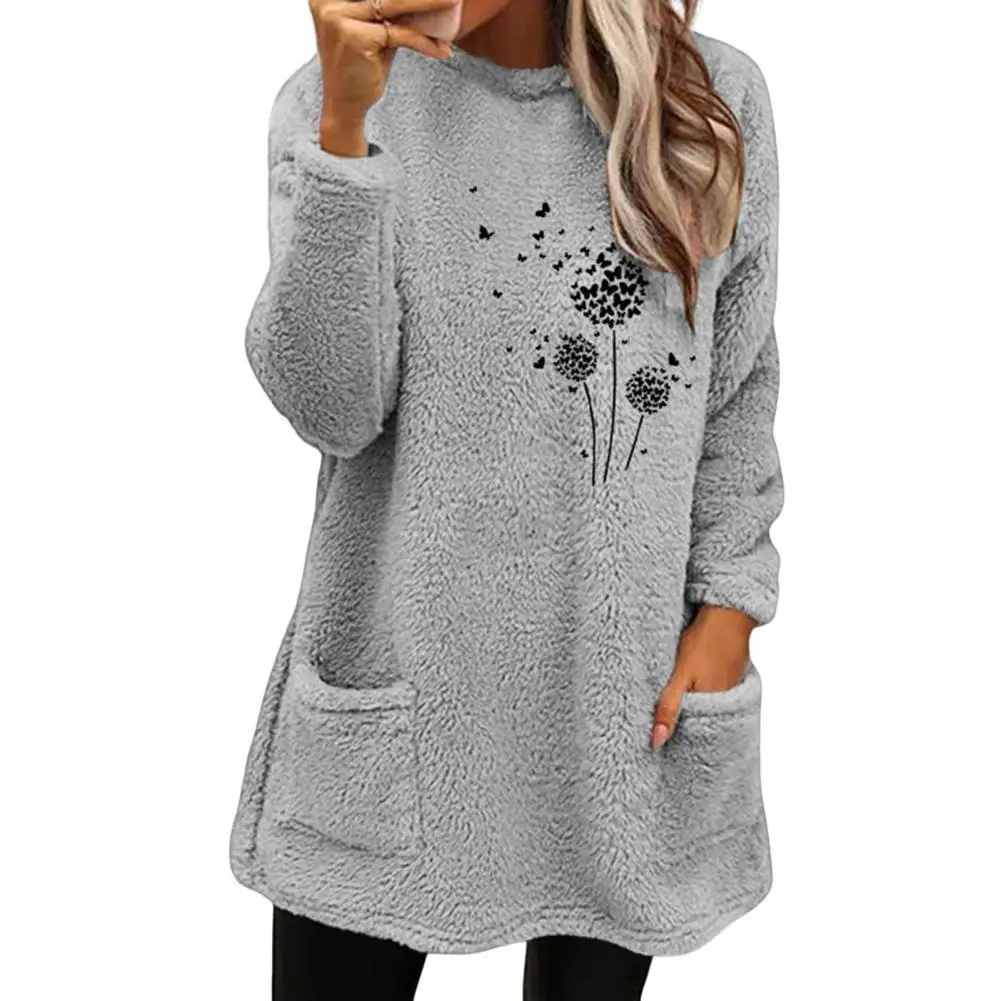 Women Winter Sweatshirt Flower Print Thicken Plush Long Sleeves O Neck Cold-proof Side Pockets Fall Sweatshirt Female Clothes