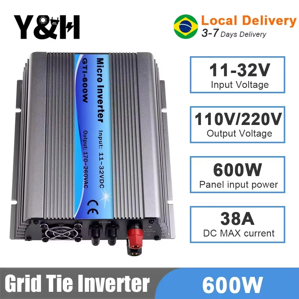Y&H 600W MPPT Solar Grid Tie Inverter Pure Sine Wave,24V Battery/DC11-32V PV Input AC120V/220V Output, Solar Panel Home System