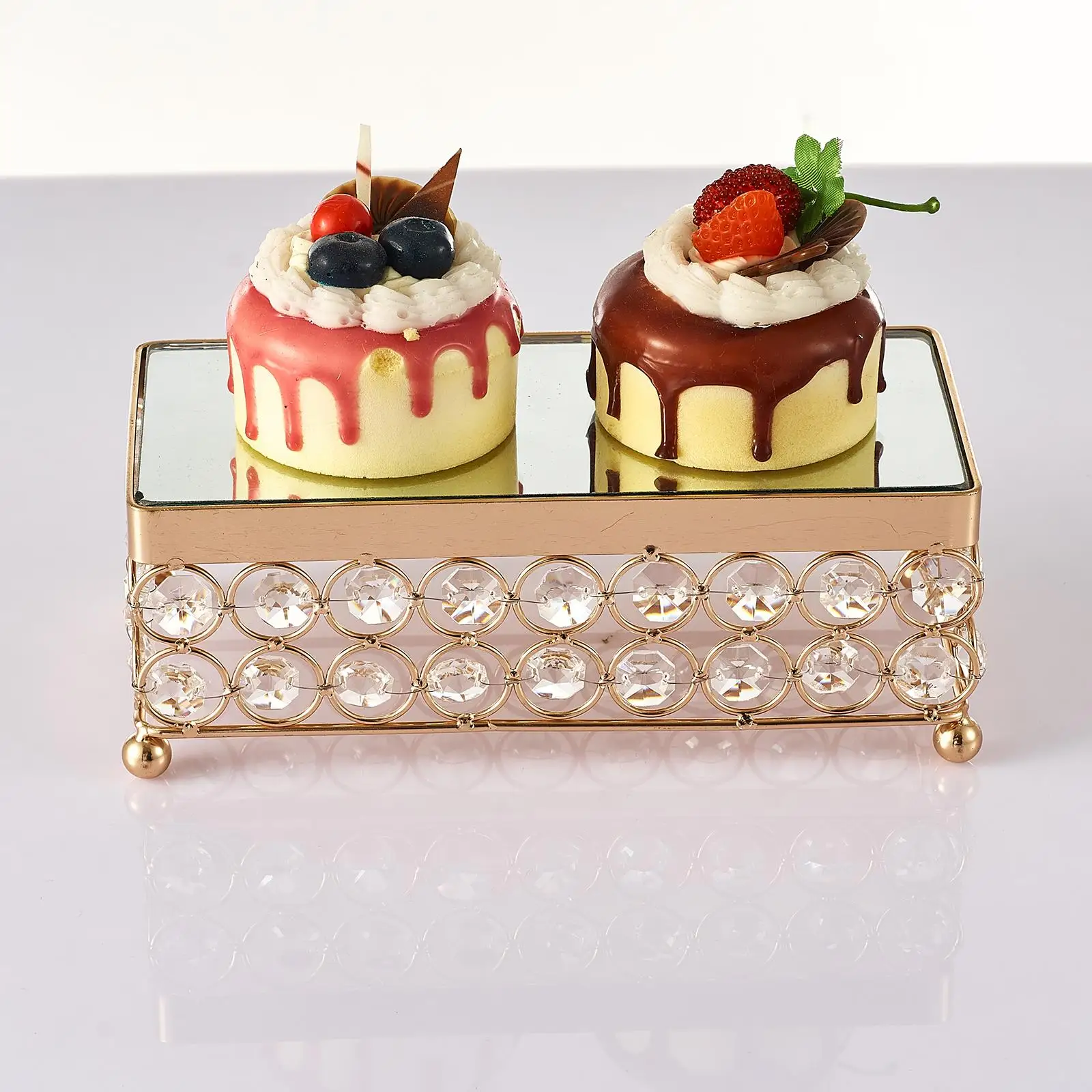 Wedding Cake Stand Tray Gold Metal Rectangle Crystal Beads Dessert Display Base for Party Events