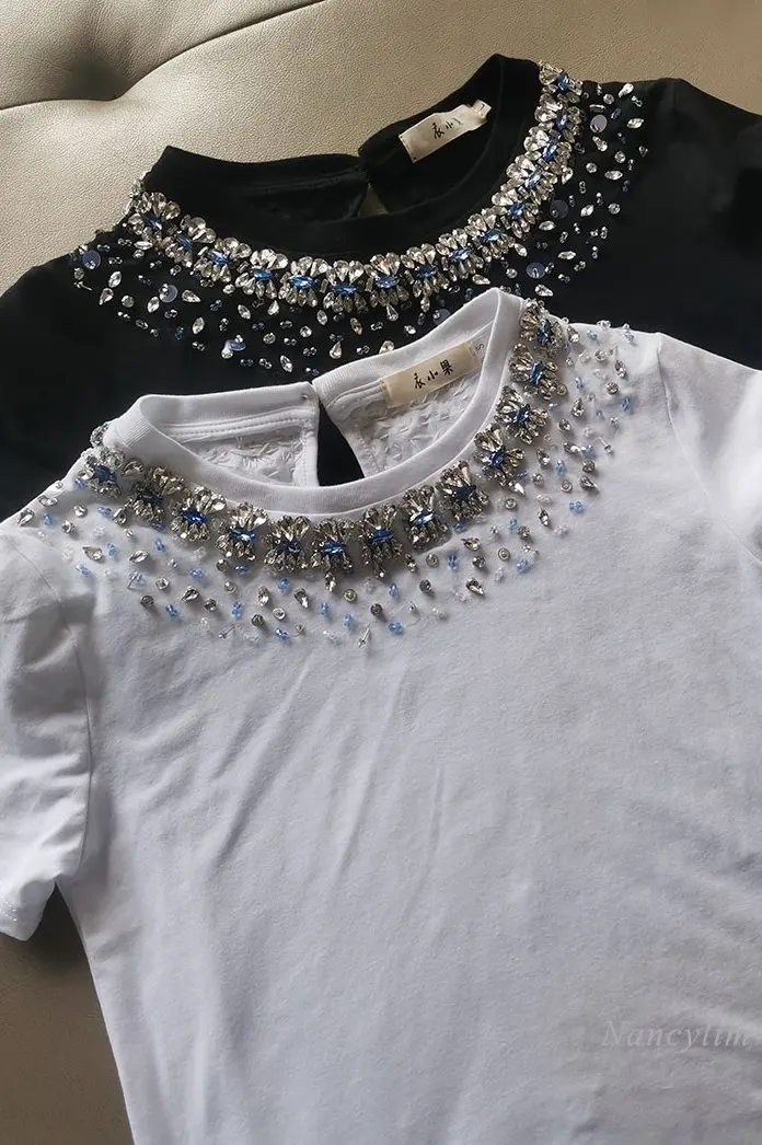 2024 New Short Sleeve Beads Rhinestones Beaded Round Neck Top Women\'s Heavy Industry Princess Style T-shirt Cotton Tee