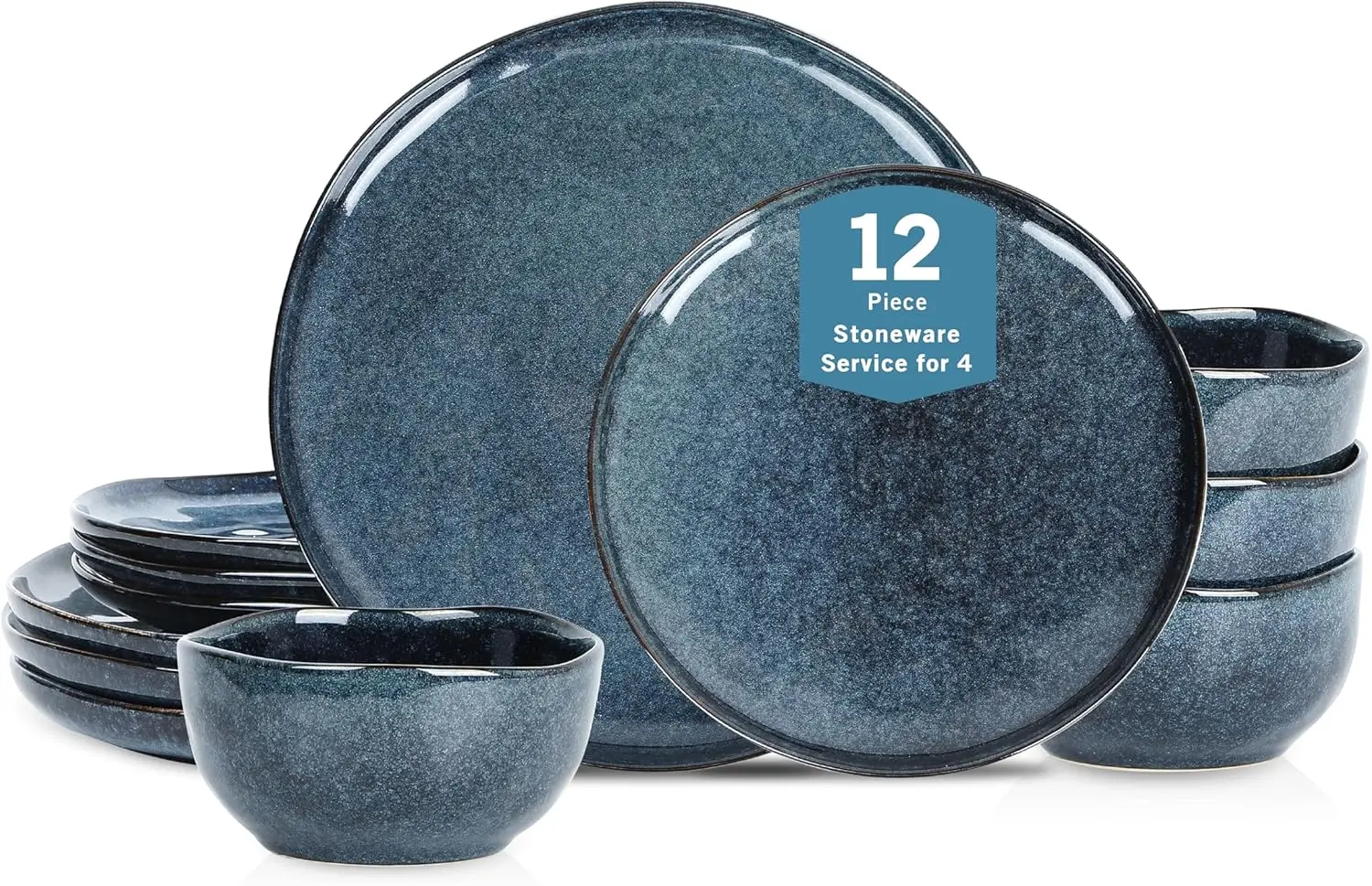

Mirella 12-Piece Stoneware Dinnerware Set, Service for 4, Reactive Glaze, Deep Blue - Includes Dinner Plates, Salad Plates, and