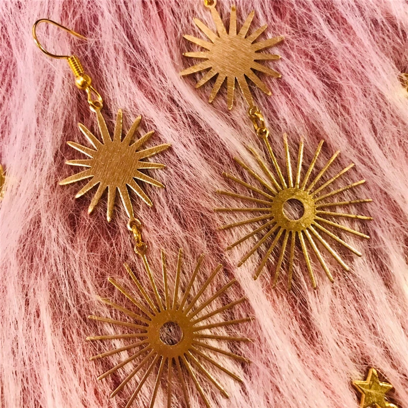 Gift for Her, Sun Star Golden Brass Statement Dangle Earrings,Crystalyana Hypoallergenic Jewelry, Boho Bohemian Style