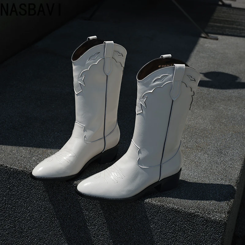 

NASBAVI2026 Fashion Women Mid Calf Boots Cow Leather Autumn Shoes Winter Mid Heels Pointed Toe Western Cowgirl Ankle Boots 34-40